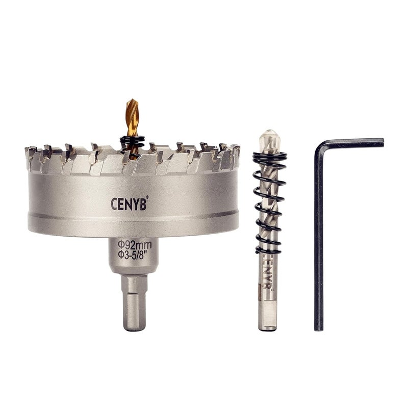 cenyb 3-5/8" (92mm) Tungsten Carbide Tipped Hole Saw with 2Pcs Titanium-Plated Pilot Drill Bits for Hard Metal,Stainless Steel,Iron,Aluminum Alloy,Wood and Plastic - Image 1